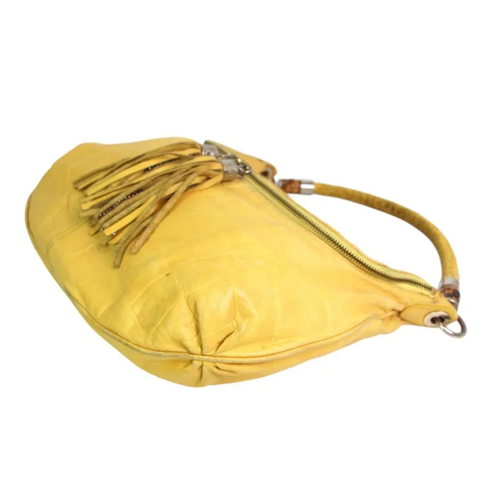 ROOMY Elaine Turner TOOLED YELLOW REAL LEATHER TASSELS SHOULDER BAG HOBO HANDBAG